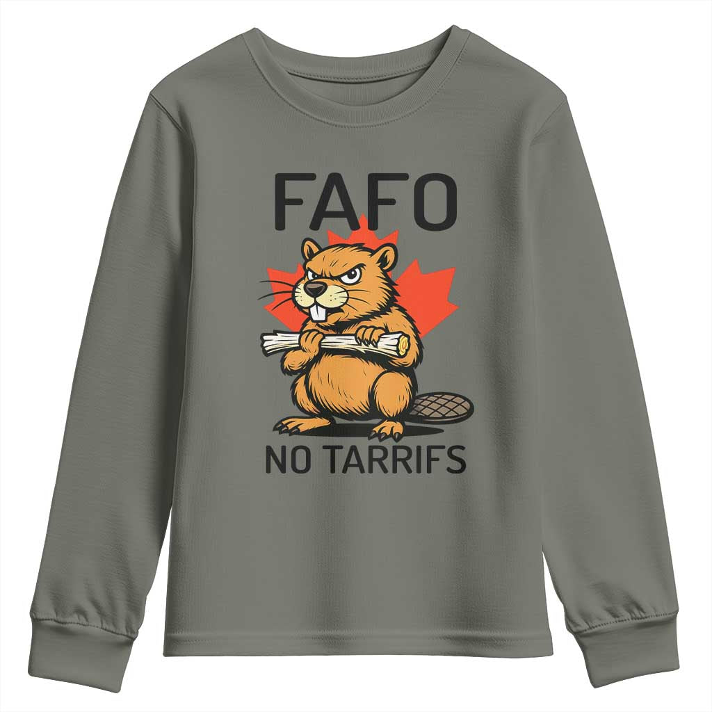 No Tariffs Canada Youth Sweatshirt Never 51st State Canadian Beaver TS02 Military Green Print Your Wear