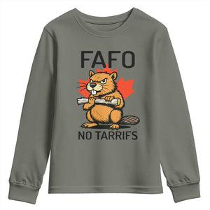 No Tariffs Canada Youth Sweatshirt Never 51st State Canadian Beaver TS02 Military Green Print Your Wear