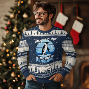 Funny Penguin Resist Ugly Christmas Sweater Flippers Up I Stand With The Penguins TS02 Navy Beige Print Your Wear