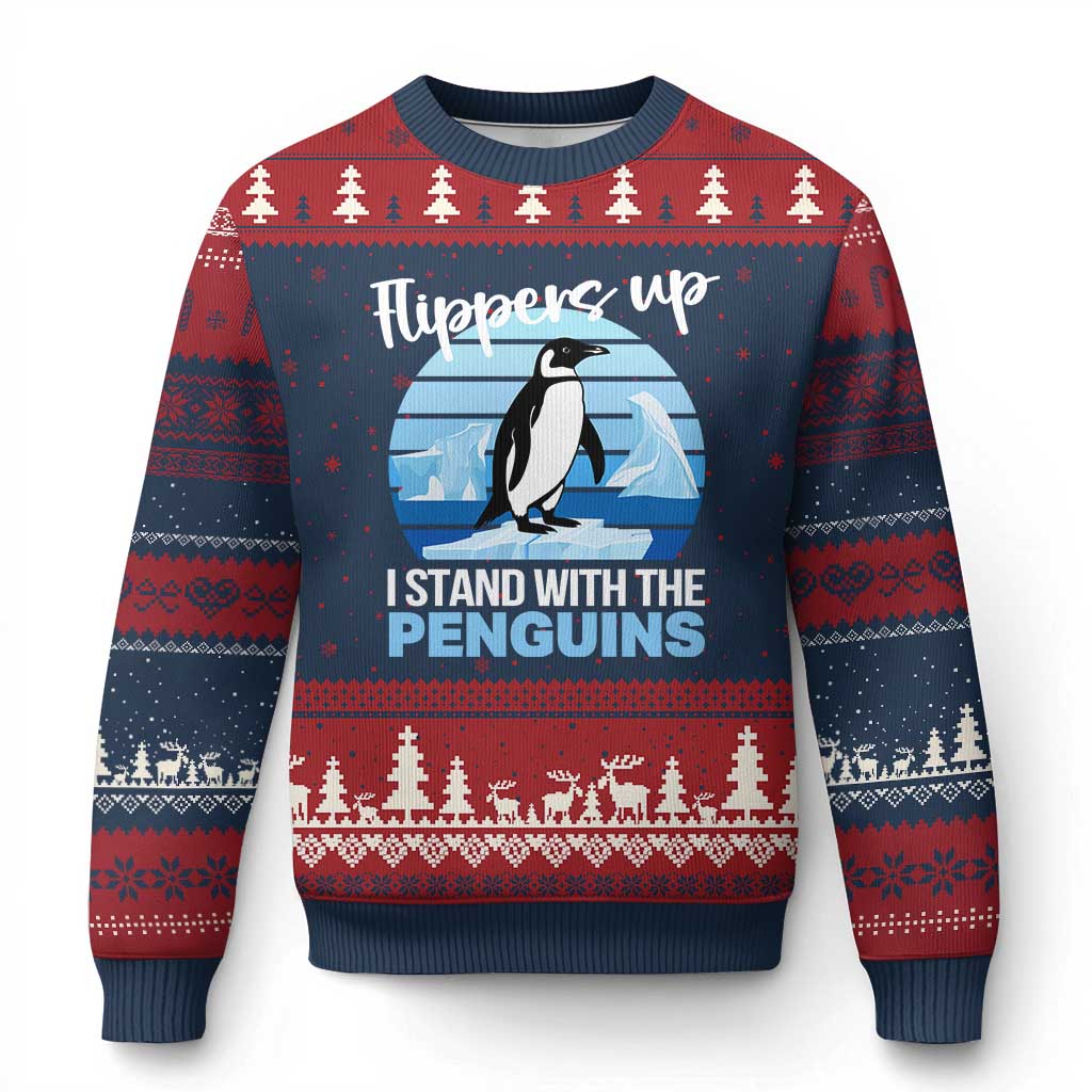Funny Penguin Resist Ugly Christmas Sweater Flippers Up I Stand With The Penguins TS02 Navy Red Print Your Wear