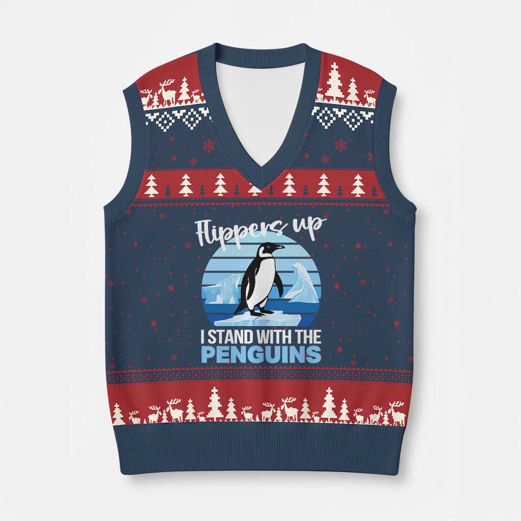 Funny Penguin Resist V-Neck Knit Sweater Vest Flippers Up I Stand With The Penguins TS02 Navy Red Print Your Wear