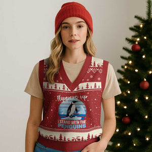 Funny Penguin Resist V-Neck Knit Sweater Vest Flippers Up I Stand With The Penguins TS02 Red Beige Print Your Wear