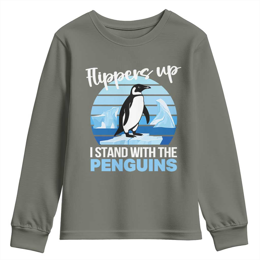 Funny Penguin Resist Youth Sweatshirt Flippers Up I Stand With The Penguins TS02 Military Green Print Your Wear
