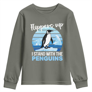 Funny Penguin Resist Youth Sweatshirt Flippers Up I Stand With The Penguins TS02 Military Green Print Your Wear