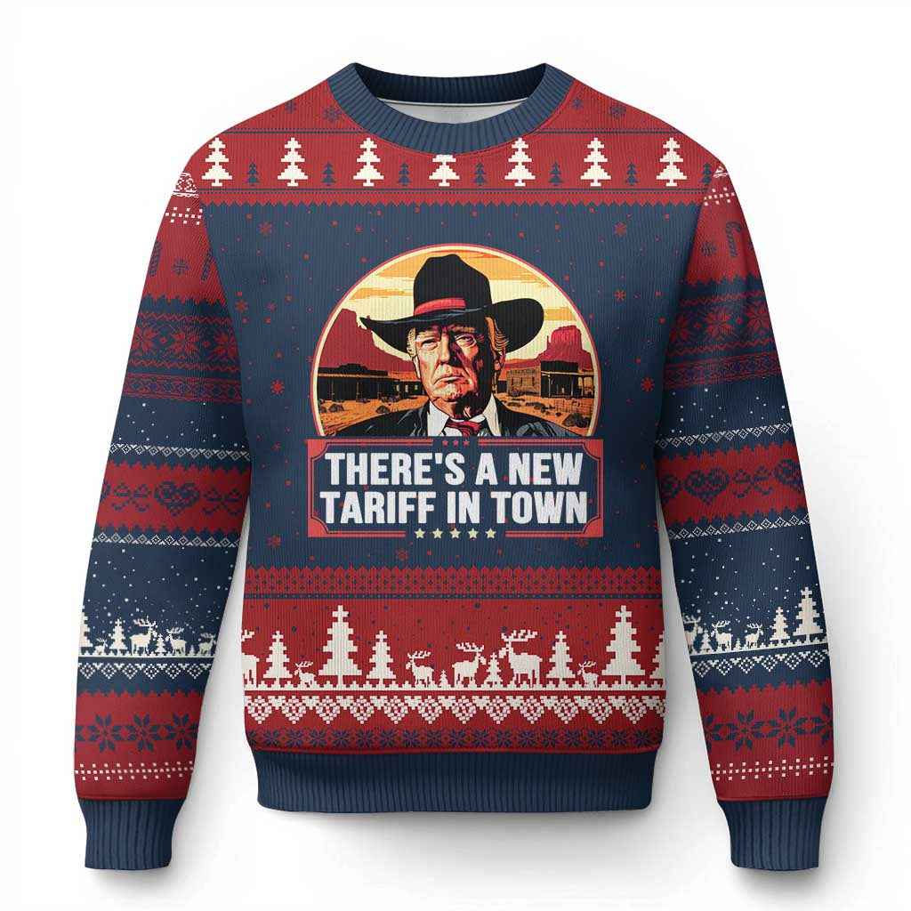 Trump Tariffs Cowboy Ugly Christmas Sweater Theres A New Tariff In Town Western TS02 Navy Red Print Your Wear