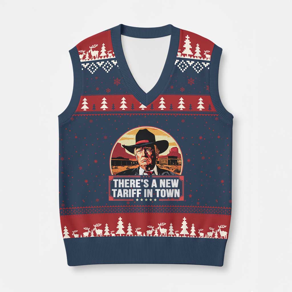 Trump Tariffs Cowboy V-Neck Knit Sweater Vest Theres A New Tariff In Town Western TS02 Navy Red Print Your Wear