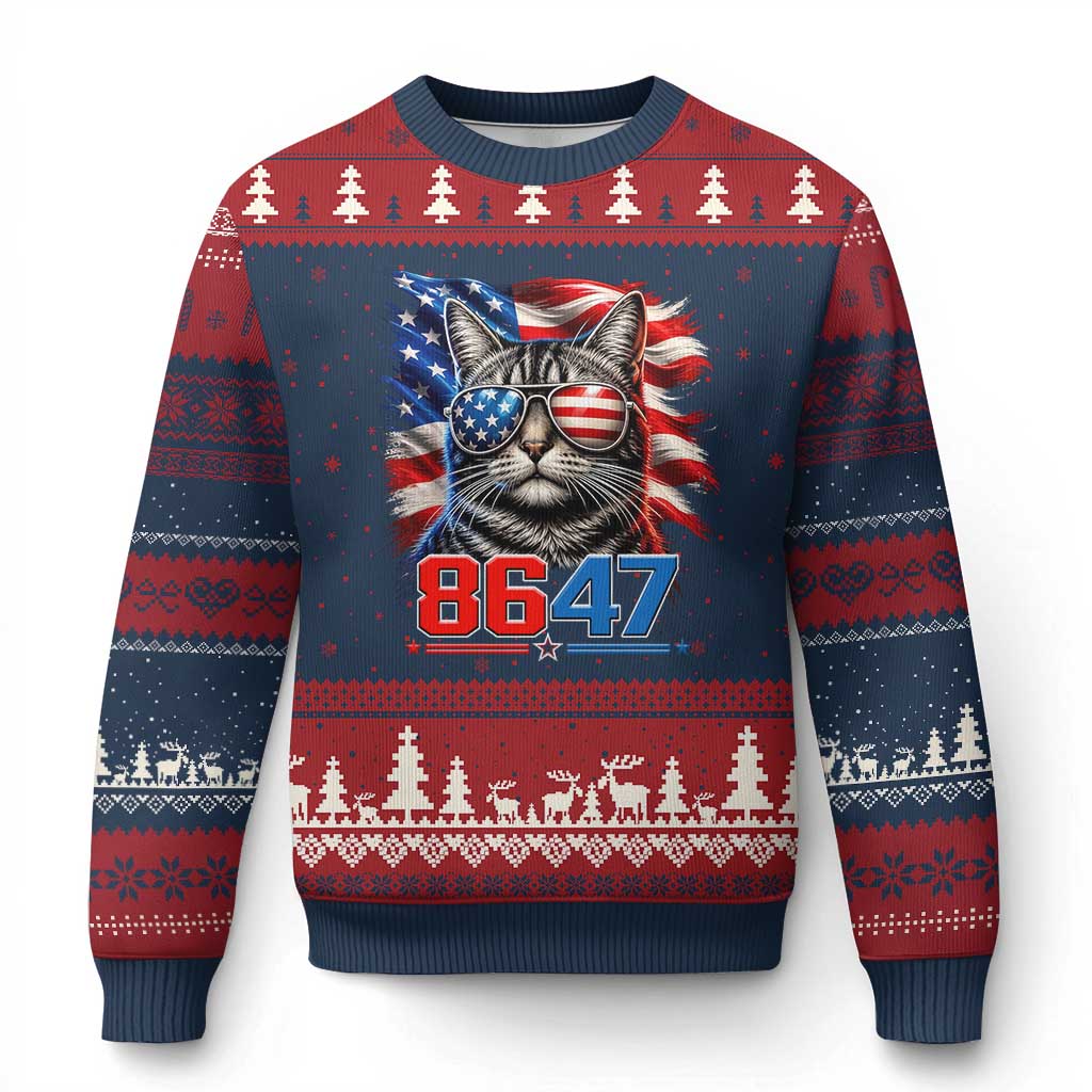 Cool 8647 Patriotic Cat Ugly Christmas Sweater American Flag Sunglasses Tabby Cat Political Satire TS02 Navy Red Print Your Wear