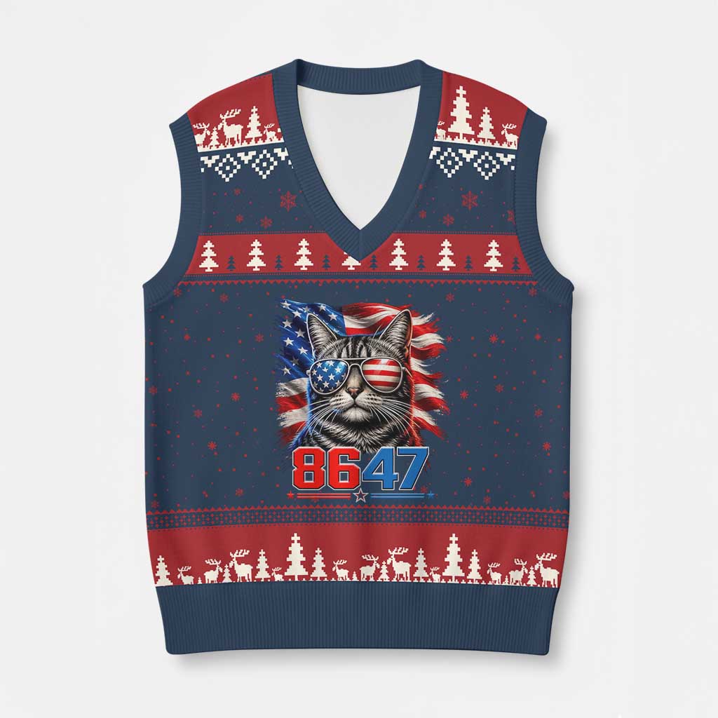Cool 8647 Patriotic Cat V-Neck Knit Sweater Vest American Flag Sunglasses Tabby Cat Political Satire TS02 Navy Red Print Your Wear