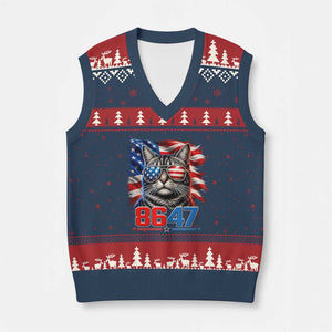 Cool 8647 Patriotic Cat V-Neck Knit Sweater Vest American Flag Sunglasses Tabby Cat Political Satire TS02 Navy Red Print Your Wear
