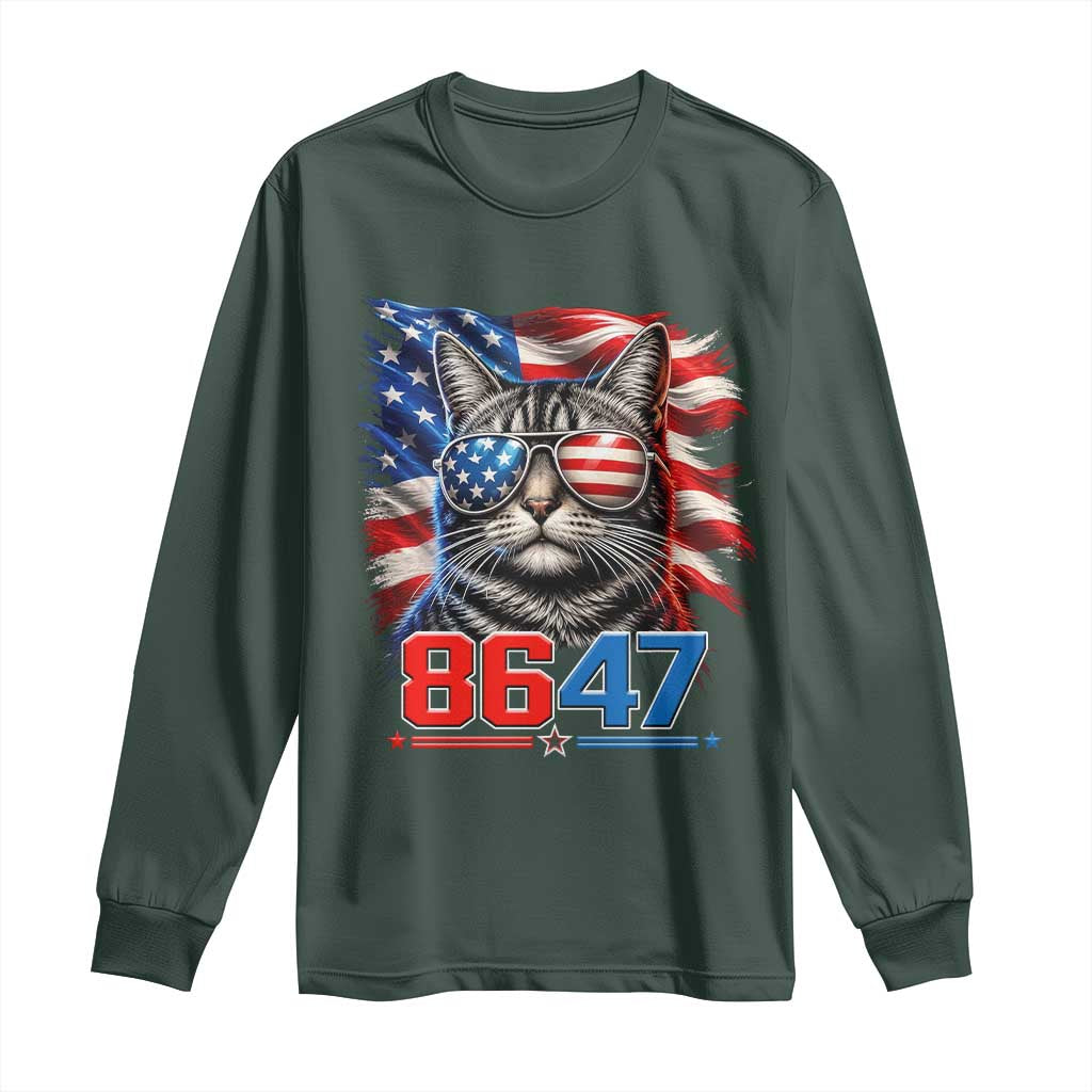 Cool 8647 Patriotic Cat Long Sleeve Shirt American Flag Sunglasses Tabby Cat Political Satire TS02 Dark Forest Green Print Your Wear