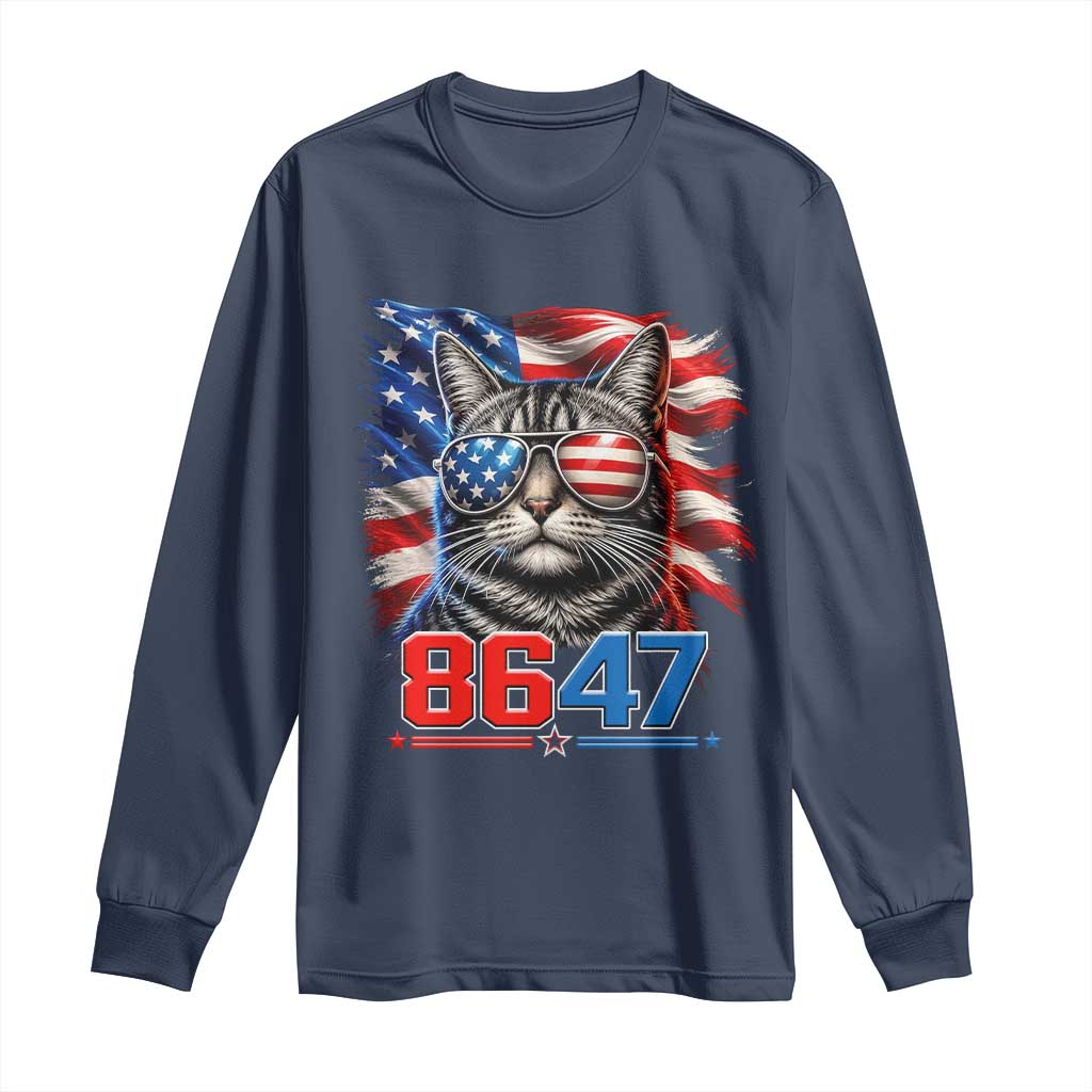 Cool 8647 Patriotic Cat Long Sleeve Shirt American Flag Sunglasses Tabby Cat Political Satire TS02 Navy Print Your Wear