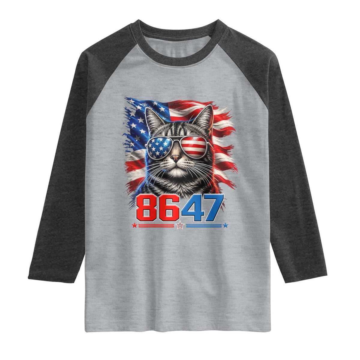 Cool 8647 Patriotic Cat Raglan Shirt American Flag Sunglasses Tabby Cat Political Satire TS02 Heather Gray Heather Charcoal Print Your Wear