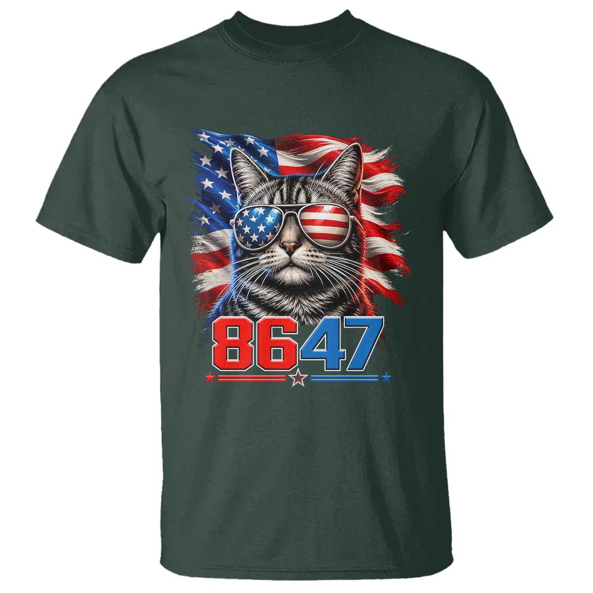 Cool 8647 Patriotic Cat T Shirt American Flag Sunglasses Tabby Cat Political Satire TS02 Dark Forest Green Print Your Wear