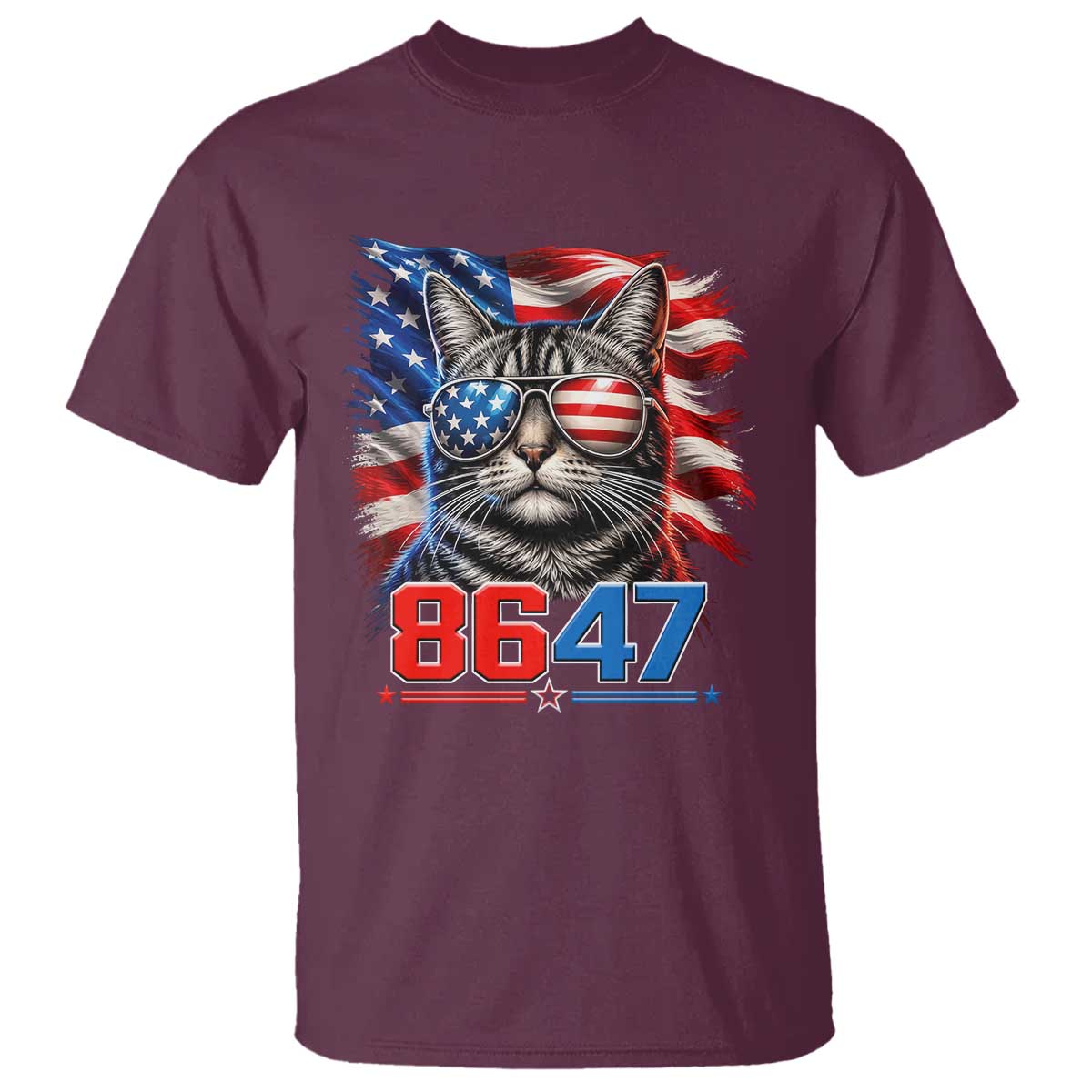 Cool 8647 Patriotic Cat T Shirt American Flag Sunglasses Tabby Cat Political Satire TS02 Maroon Print Your Wear