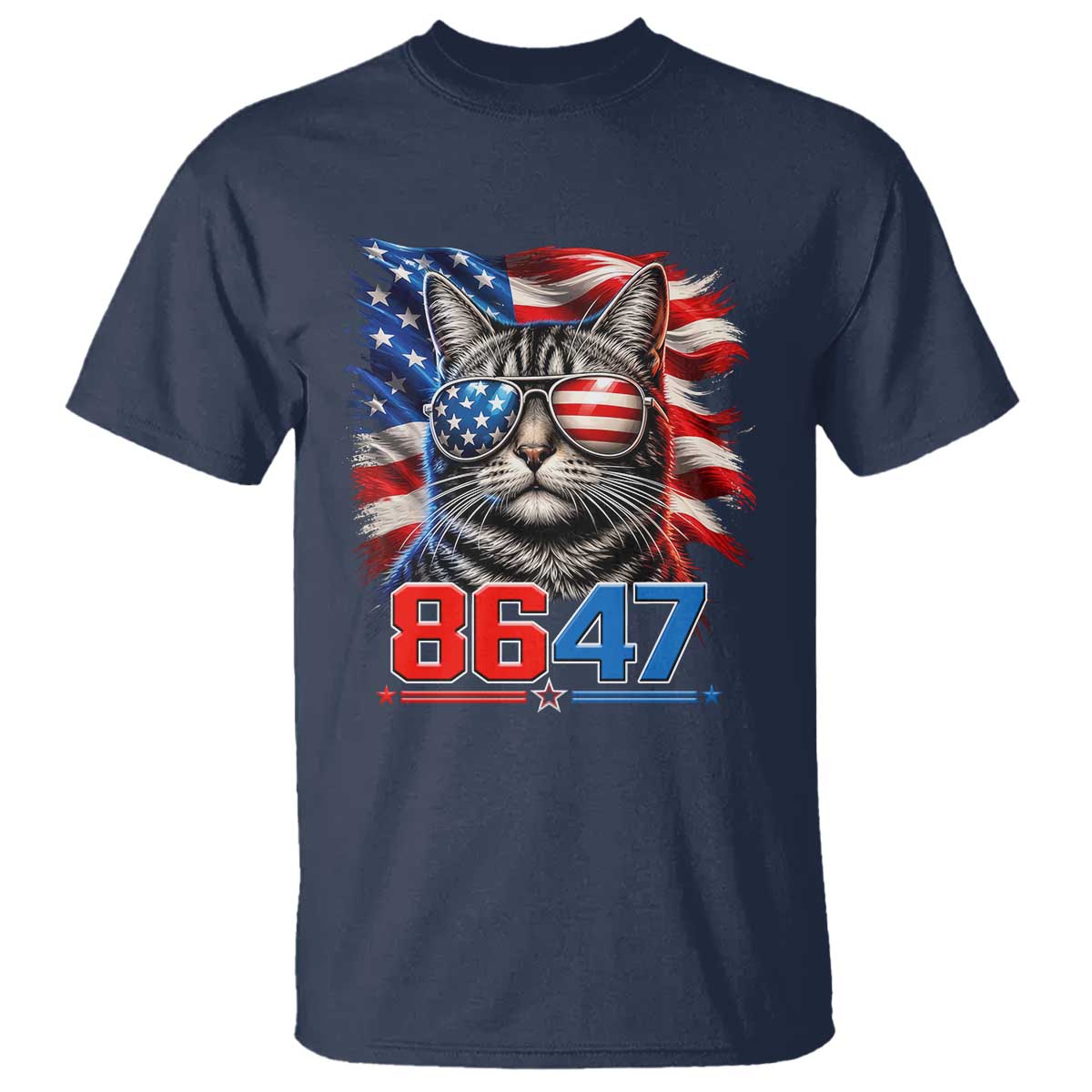 Cool 8647 Patriotic Cat T Shirt American Flag Sunglasses Tabby Cat Political Satire TS02 Navy Print Your Wear