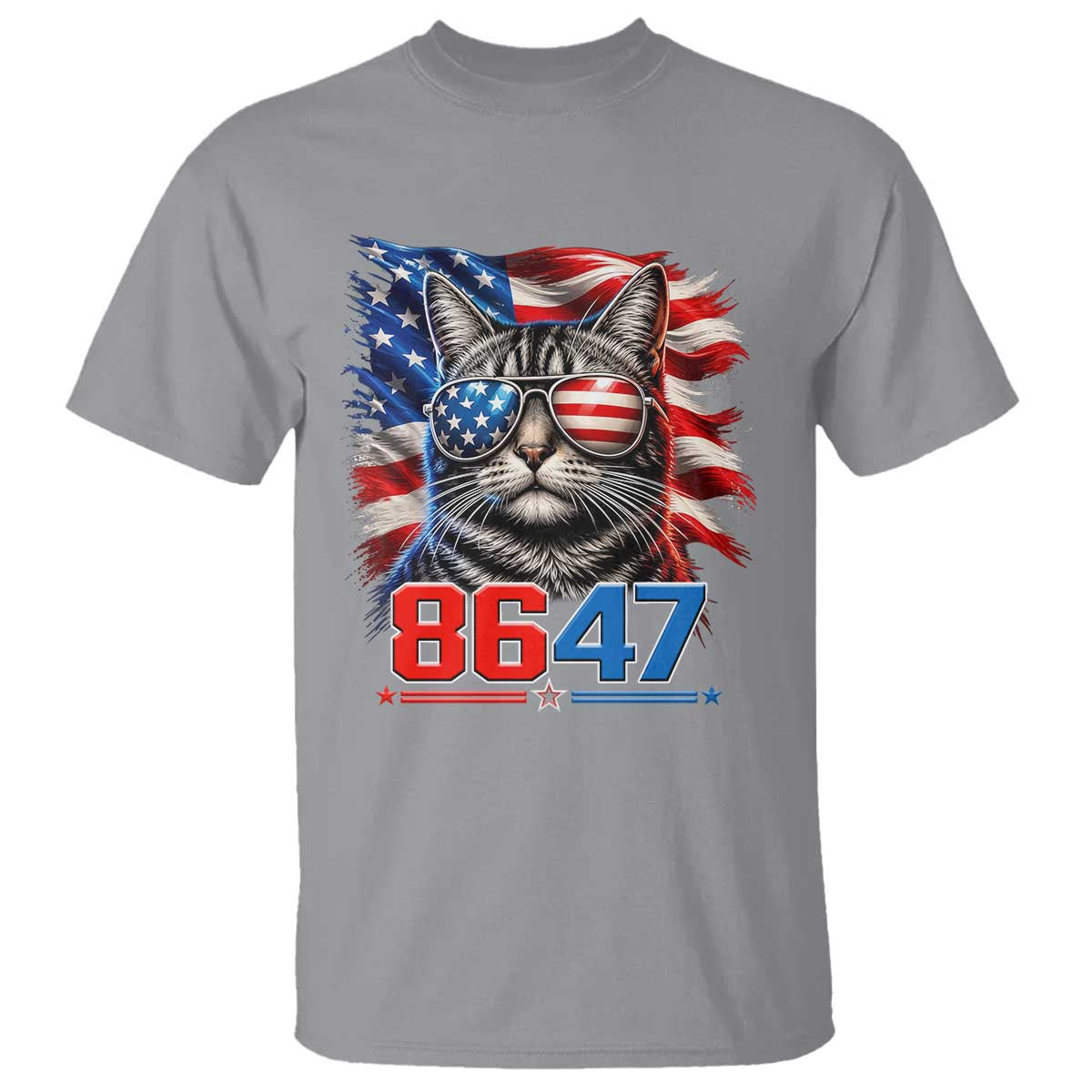 Cool 8647 Patriotic Cat T Shirt American Flag Sunglasses Tabby Cat Political Satire TS02 Sport Gray Print Your Wear