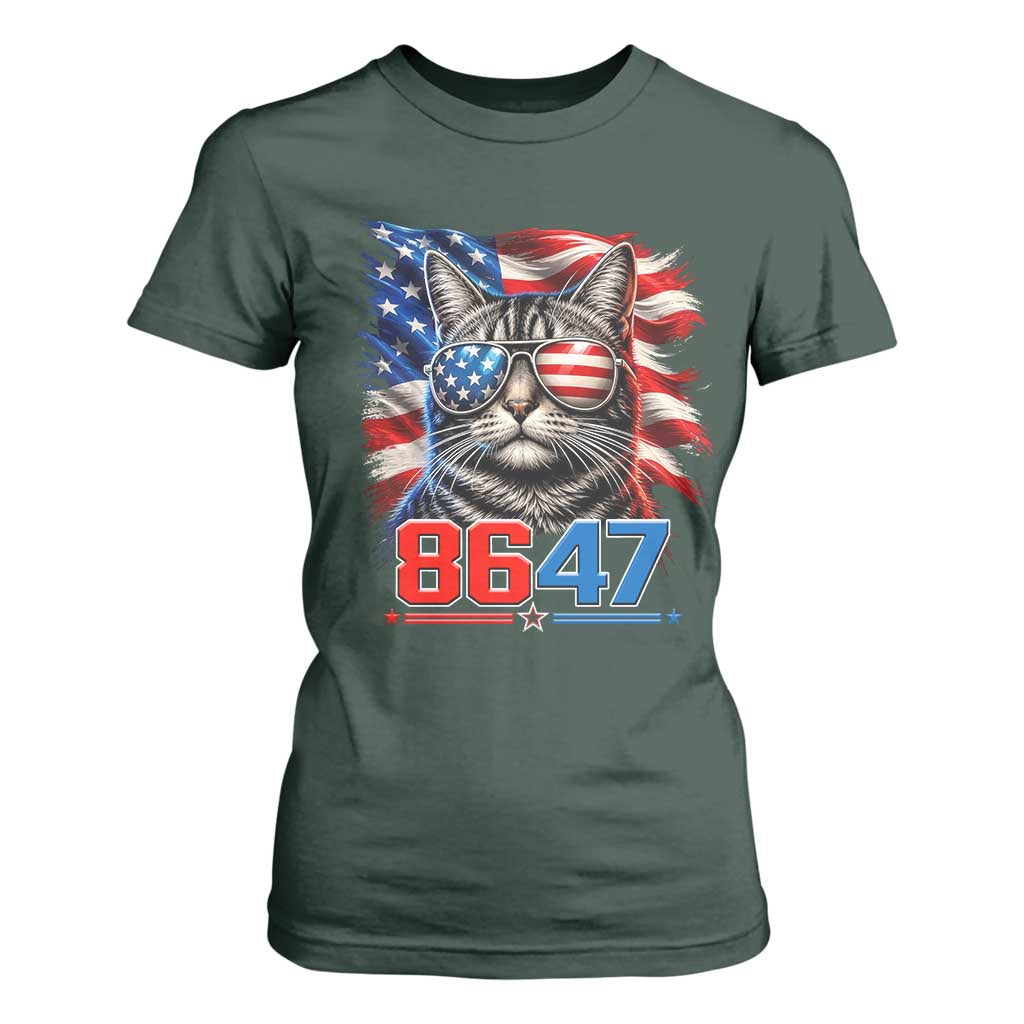 Cool 8647 Patriotic Cat T Shirt For Women American Flag Sunglasses Tabby Cat Political Satire TS02 Dark Forest Green Print Your Wear