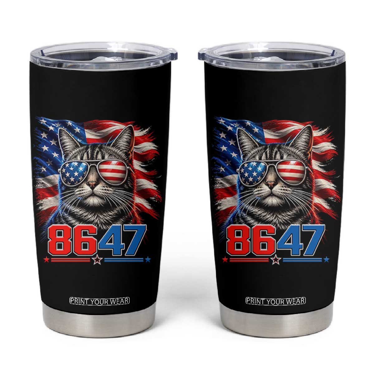 Cool 8647 Patriotic Cat Tumbler Cup American Flag Sunglasses Tabby Cat Political Satire TS02 Black Print Your Wear