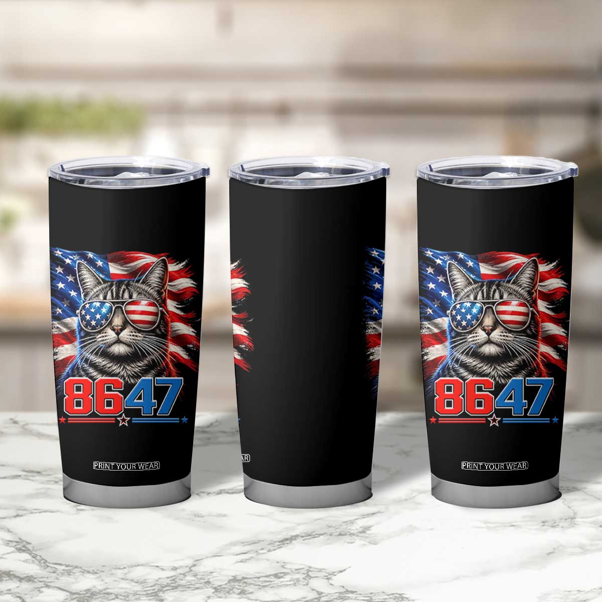 Cool 8647 Patriotic Cat Tumbler Cup American Flag Sunglasses Tabby Cat Political Satire TS02 Print Your Wear