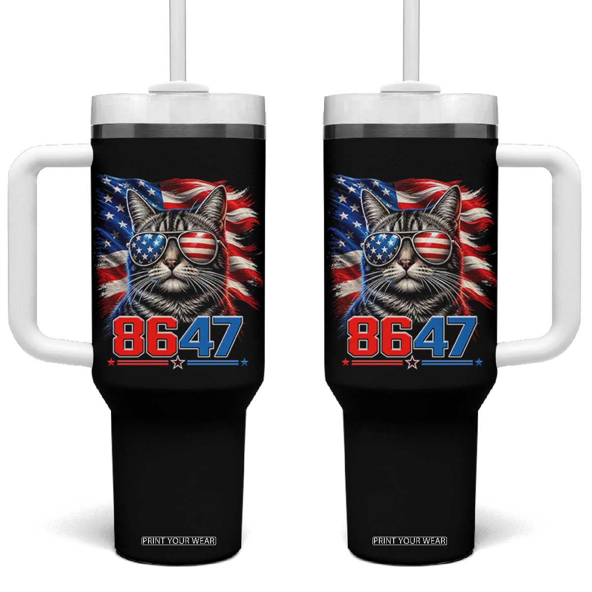 Cool 8647 Patriotic Cat Tumbler With Handle American Flag Sunglasses Tabby Cat Political Satire TS02 One Size: 40 oz Black Print Your Wear