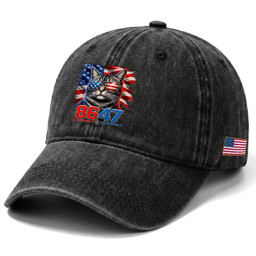 Cool 8647 Patriotic Cat Washed Cotton Baseball Cap American Flag Sunglasses Tabby Cat Political Satire TS02 Print Your Wear