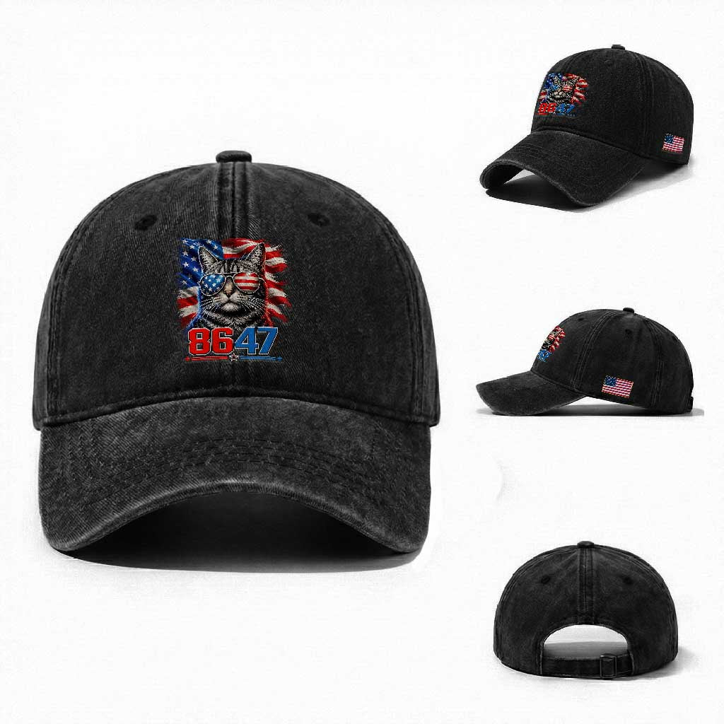 Cool 8647 Patriotic Cat Washed Cotton Baseball Cap American Flag Sunglasses Tabby Cat Political Satire TS02 Washed Cap Universal Fit Black Print Your Wear