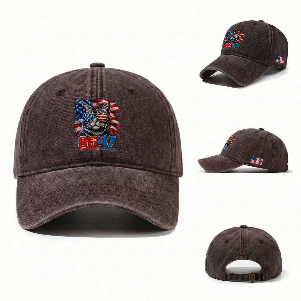 Cool 8647 Patriotic Cat Washed Cotton Baseball Cap American Flag Sunglasses Tabby Cat Political Satire TS02 Washed Cap Universal Fit Dark Brown Print Your Wear