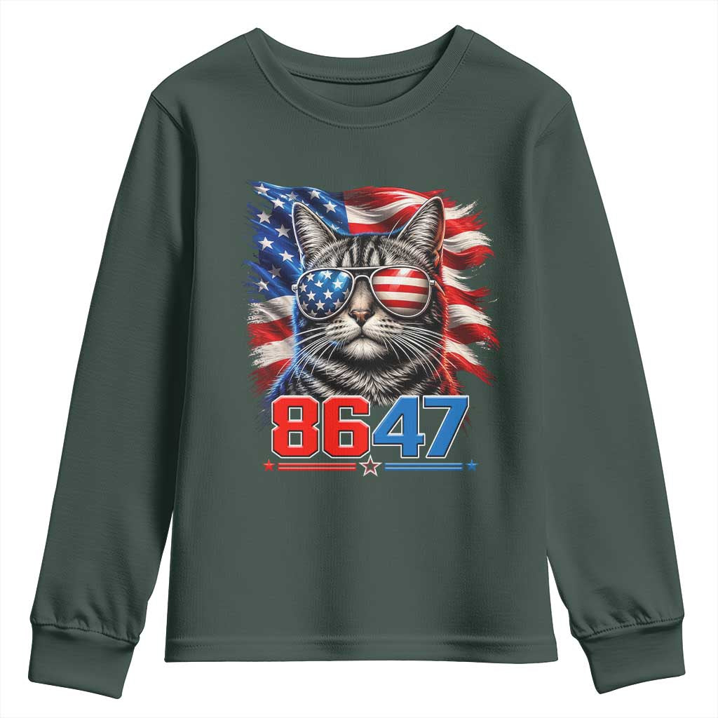 Cool 8647 Patriotic Cat Youth Sweatshirt American Flag Sunglasses Tabby Cat Political Satire TS02 Dark Forest Green Print Your Wear