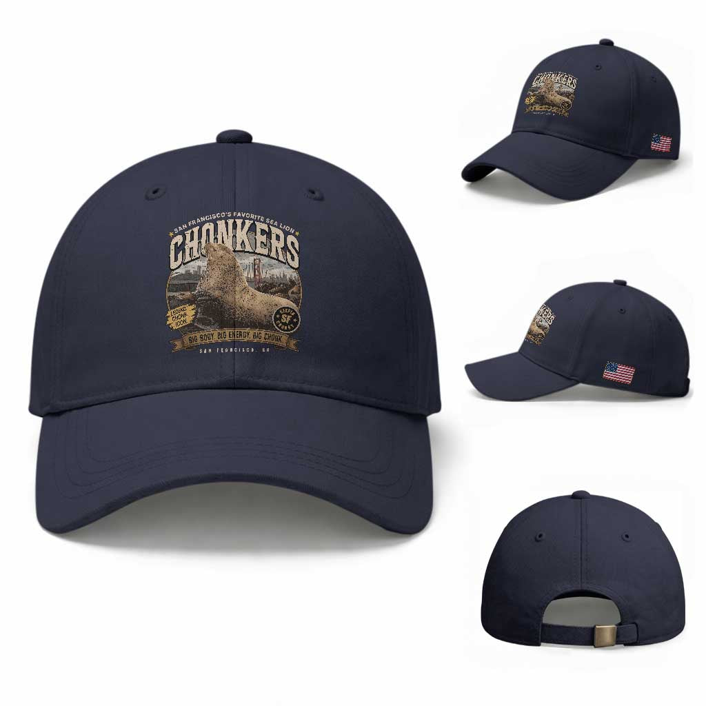 Viral Chonkers San Francisco Sea Lion Baseball Cap Retro Pier 39 Fisherman's Wharf Souvenir TS02 Baseball Cap Universal Fit Navy Print Your Wear