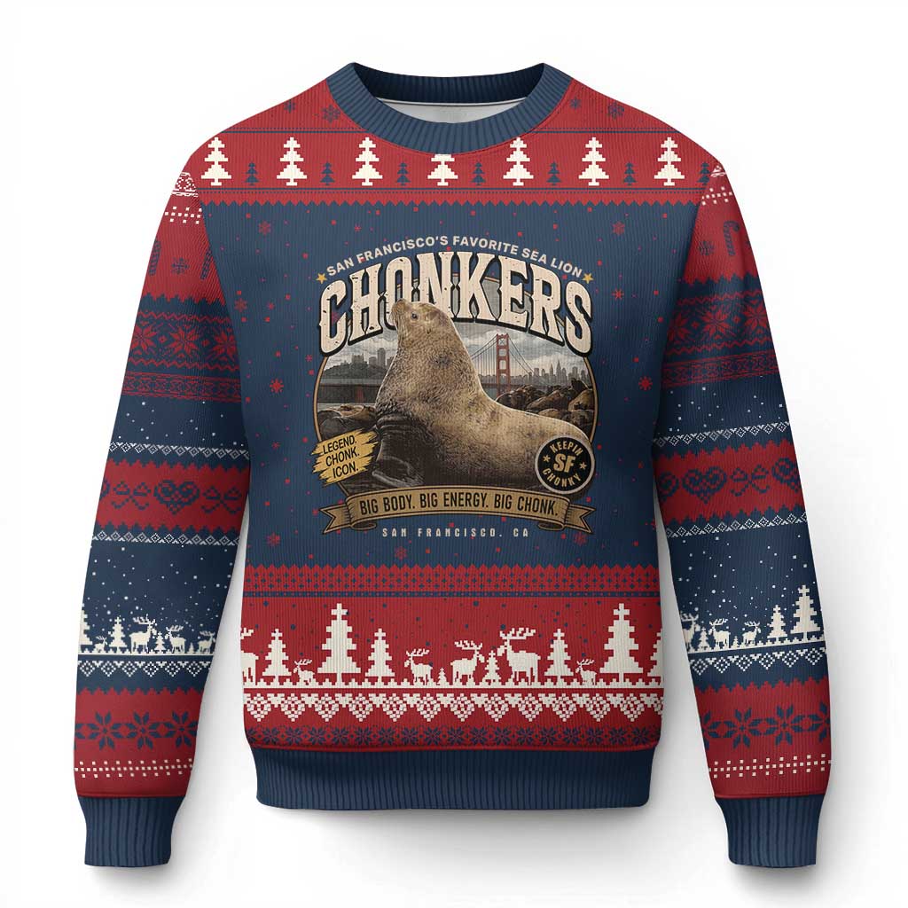 Viral Chonkers San Francisco Sea Lion Ugly Christmas Sweater Retro Pier 39 Fisherman's Wharf Souvenir TS02 Navy Red Print Your Wear