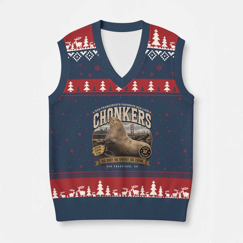 Viral Chonkers San Francisco Sea Lion V-Neck Knit Sweater Vest Retro Pier 39 Fisherman's Wharf Souvenir TS02 Navy Red Print Your Wear