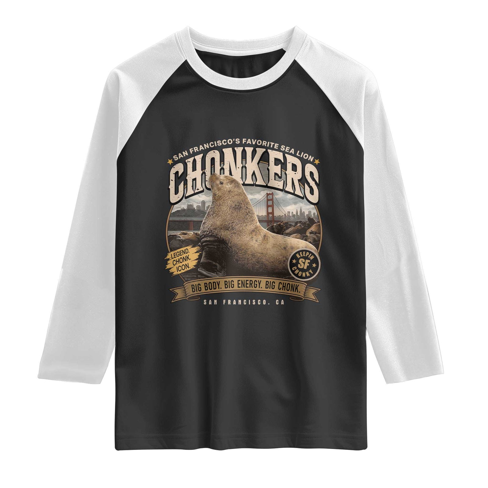 Viral Chonkers San Francisco Sea Lion Raglan Shirt Retro Pier 39 Fisherman's Wharf Souvenir TS02 Black White Print Your Wear