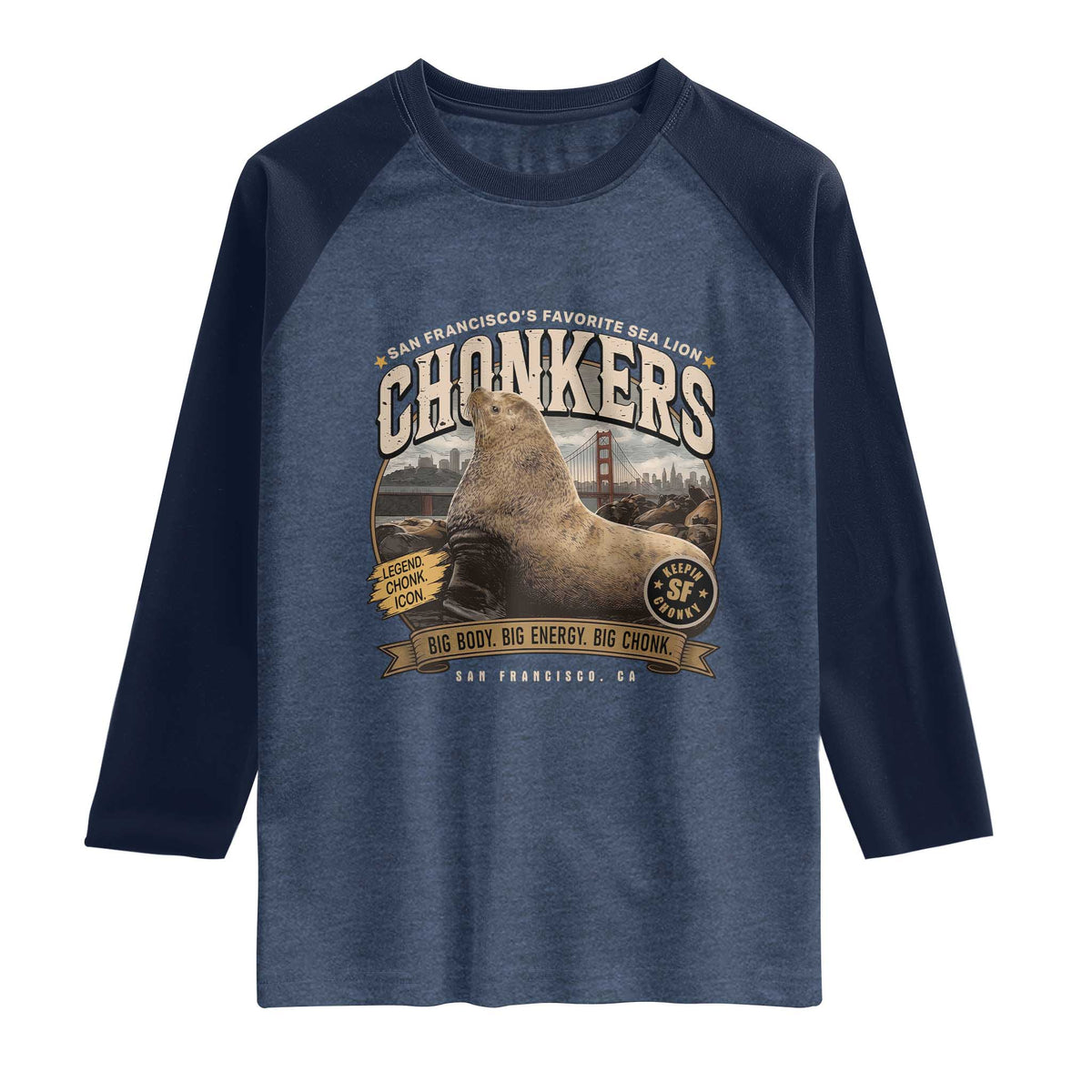 Viral Chonkers San Francisco Sea Lion Raglan Shirt Retro Pier 39 Fisherman's Wharf Souvenir TS02 Heather Denim Navy Print Your Wear