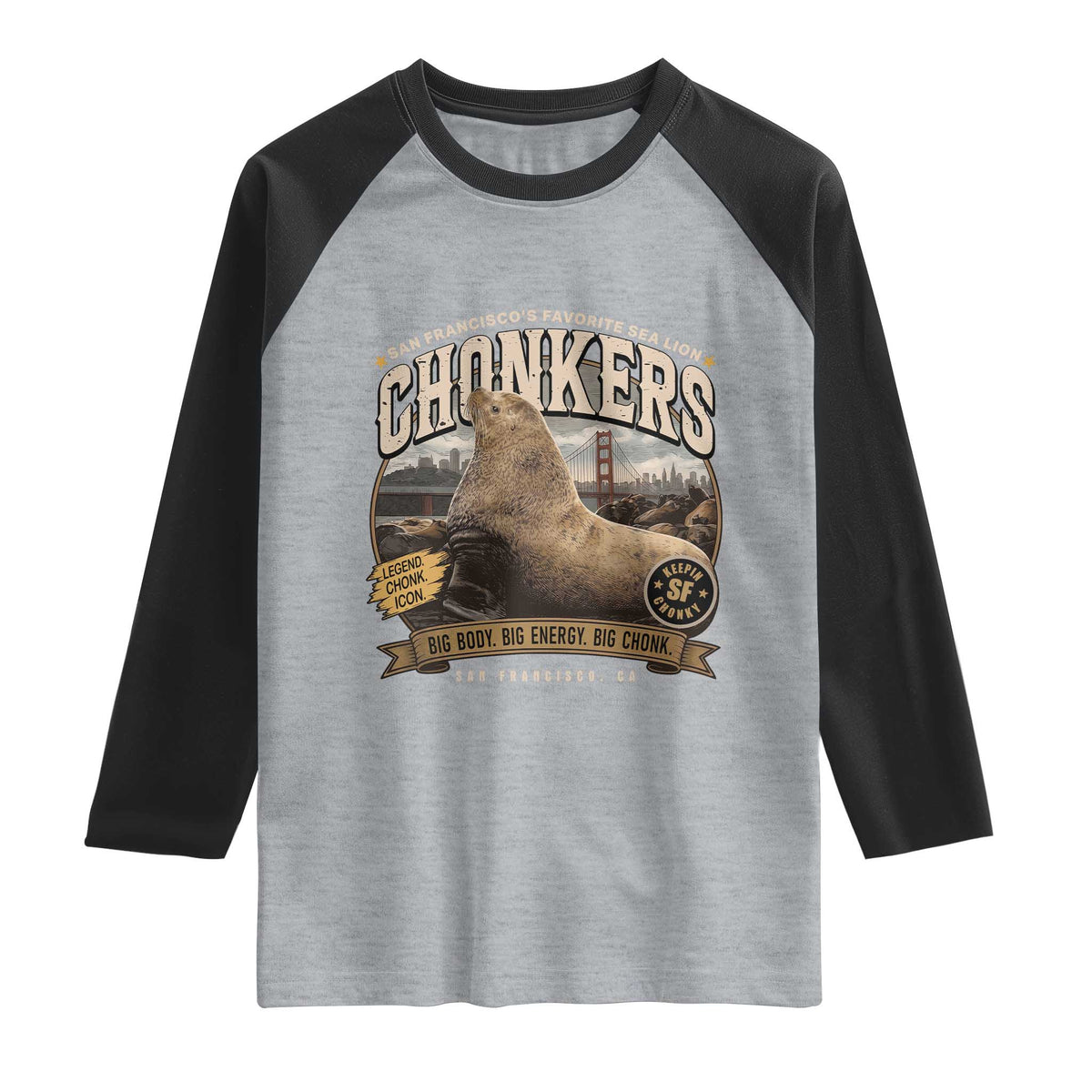 Viral Chonkers San Francisco Sea Lion Raglan Shirt Retro Pier 39 Fisherman's Wharf Souvenir TS02 Heather Gray Black Print Your Wear
