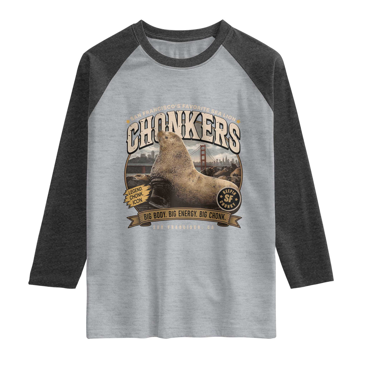 Viral Chonkers San Francisco Sea Lion Raglan Shirt Retro Pier 39 Fisherman's Wharf Souvenir TS02 Heather Gray Heather Charcoal Print Your Wear