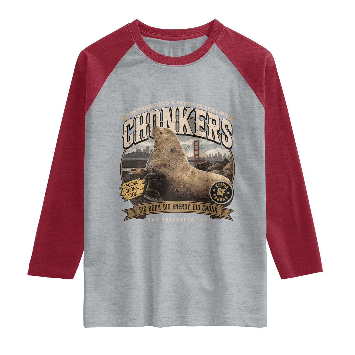 Viral Chonkers San Francisco Sea Lion Raglan Shirt Retro Pier 39 Fisherman's Wharf Souvenir TS02 Heather Gray Heather Red Print Your Wear
