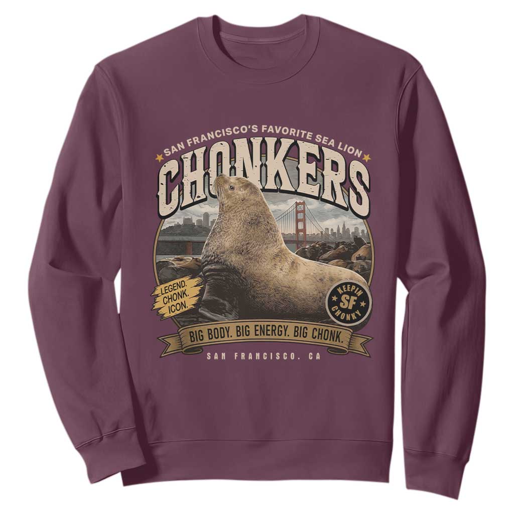 Viral Chonkers San Francisco Sea Lion Sweatshirt Retro Pier 39 Fisherman's Wharf Souvenir TS02 Maroon Print Your Wear