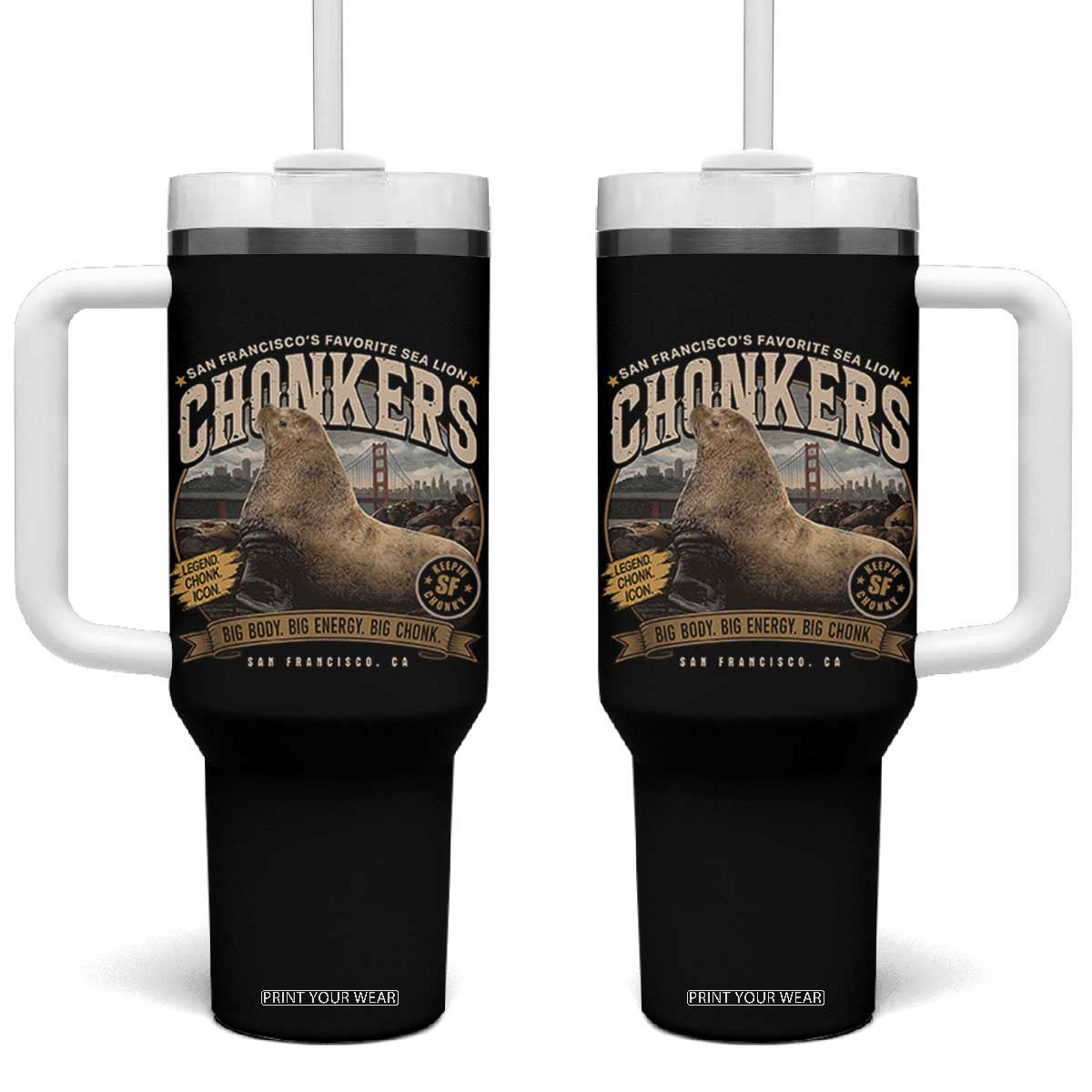 Viral Chonkers San Francisco Sea Lion Tumbler With Handle Retro Pier 39 Fisherman's Wharf Souvenir TS02 One Size: 40 oz Black Print Your Wear