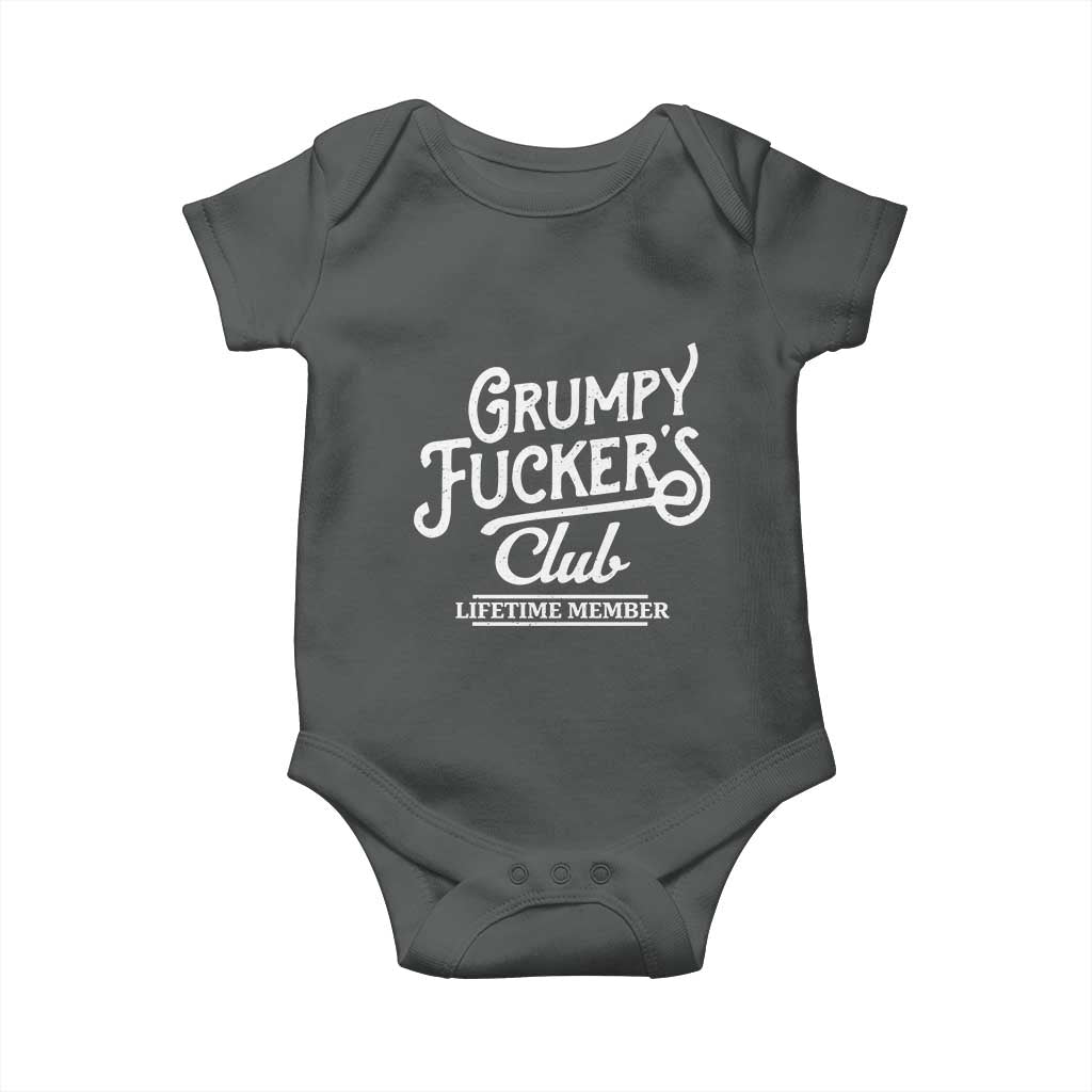 Grumpy Fucker's Club Lifetime Member Baby Onesie Funny Distressed Sarcastic Adult Humor Slogan Typography TS02 Dark Heather Print Your Wear