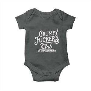 Grumpy Fucker's Club Lifetime Member Baby Onesie Funny Distressed Sarcastic Adult Humor Slogan Typography TS02 Dark Heather Print Your Wear