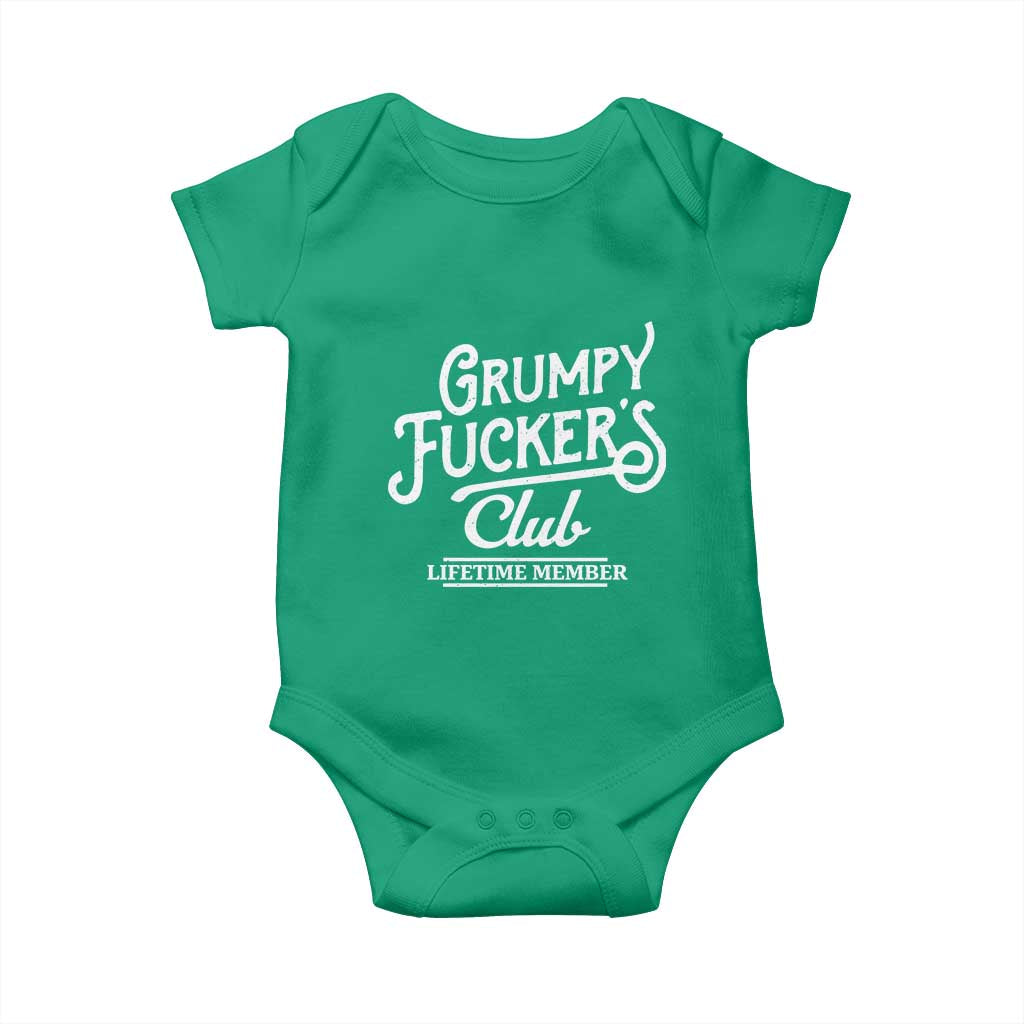 Grumpy Fucker's Club Lifetime Member Baby Onesie Funny Distressed Sarcastic Adult Humor Slogan Typography TS02 Irish Green Print Your Wear