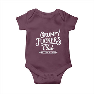 Grumpy Fucker's Club Lifetime Member Baby Onesie Funny Distressed Sarcastic Adult Humor Slogan Typography TS02 Maroon Print Your Wear