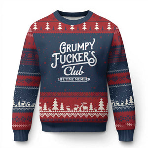 Grumpy Fucker's Club Lifetime Member Ugly Christmas Sweater Funny Distressed Sarcastic Adult Humor Slogan Typography TS02 Navy Red Print Your Wear