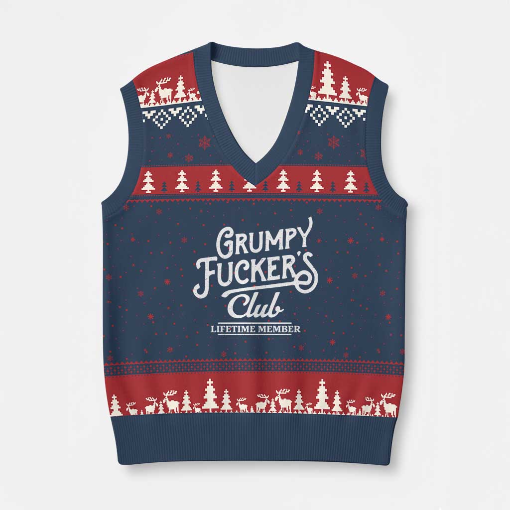 Grumpy Fucker's Club Lifetime Member V-Neck Knit Sweater Vest Funny Distressed Sarcastic Adult Humor Slogan Typography TS02 Navy Red Print Your Wear