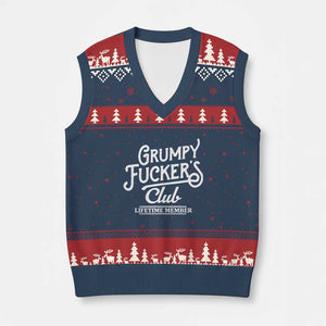 Grumpy Fucker's Club Lifetime Member V-Neck Knit Sweater Vest Funny Distressed Sarcastic Adult Humor Slogan Typography TS02 Navy Red Print Your Wear