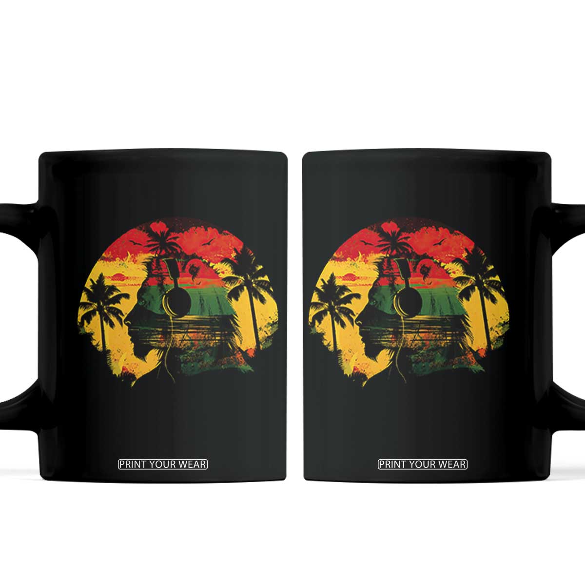 Retro Jamaican Lion Sunset Coffee Mug Rasta Colors Music and Island Vibes Graphic TS02 Black Print Your Wear