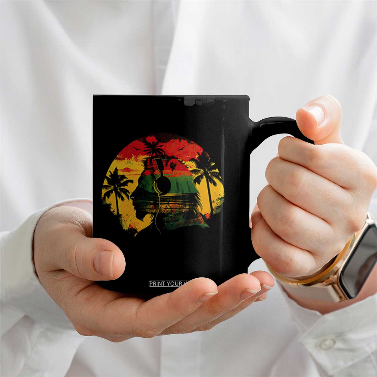 Retro Jamaican Lion Sunset Coffee Mug Rasta Colors Music and Island Vibes Graphic TS02 Print Your Wear