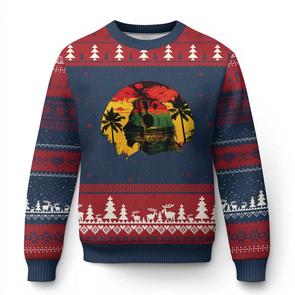 Retro Jamaican Lion Sunset Ugly Christmas Sweater Rasta Colors Music and Island Vibes Graphic TS02 Navy Red Print Your Wear