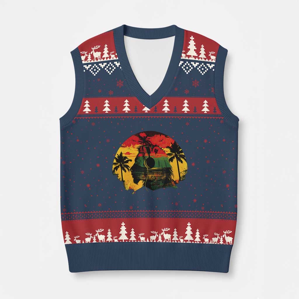 Retro Jamaican Lion Sunset V-Neck Knit Sweater Vest Rasta Colors Music and Island Vibes Graphic TS02 Navy Red Print Your Wear