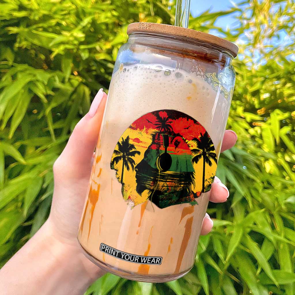 Retro Jamaican Lion Sunset Glass Can Rasta Colors Music and Island Vibes Graphic TS02 Black Print Your Wear